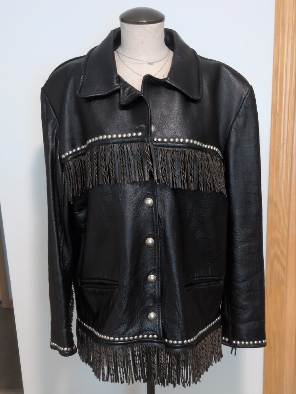 Double D Lg Vintage Fringed Studded Black Leather Jacket